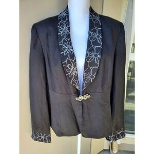 Lily & Taylor Blazer Jacket Womens 18 Black White Floral Linen Blend Lined VTG
